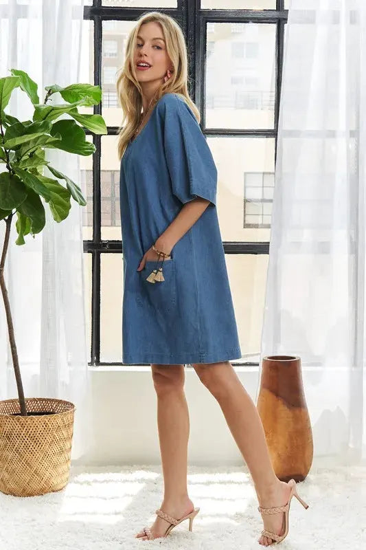 ADORA V-Neck Half Sleeve Mini Denim Dress by Partner Label