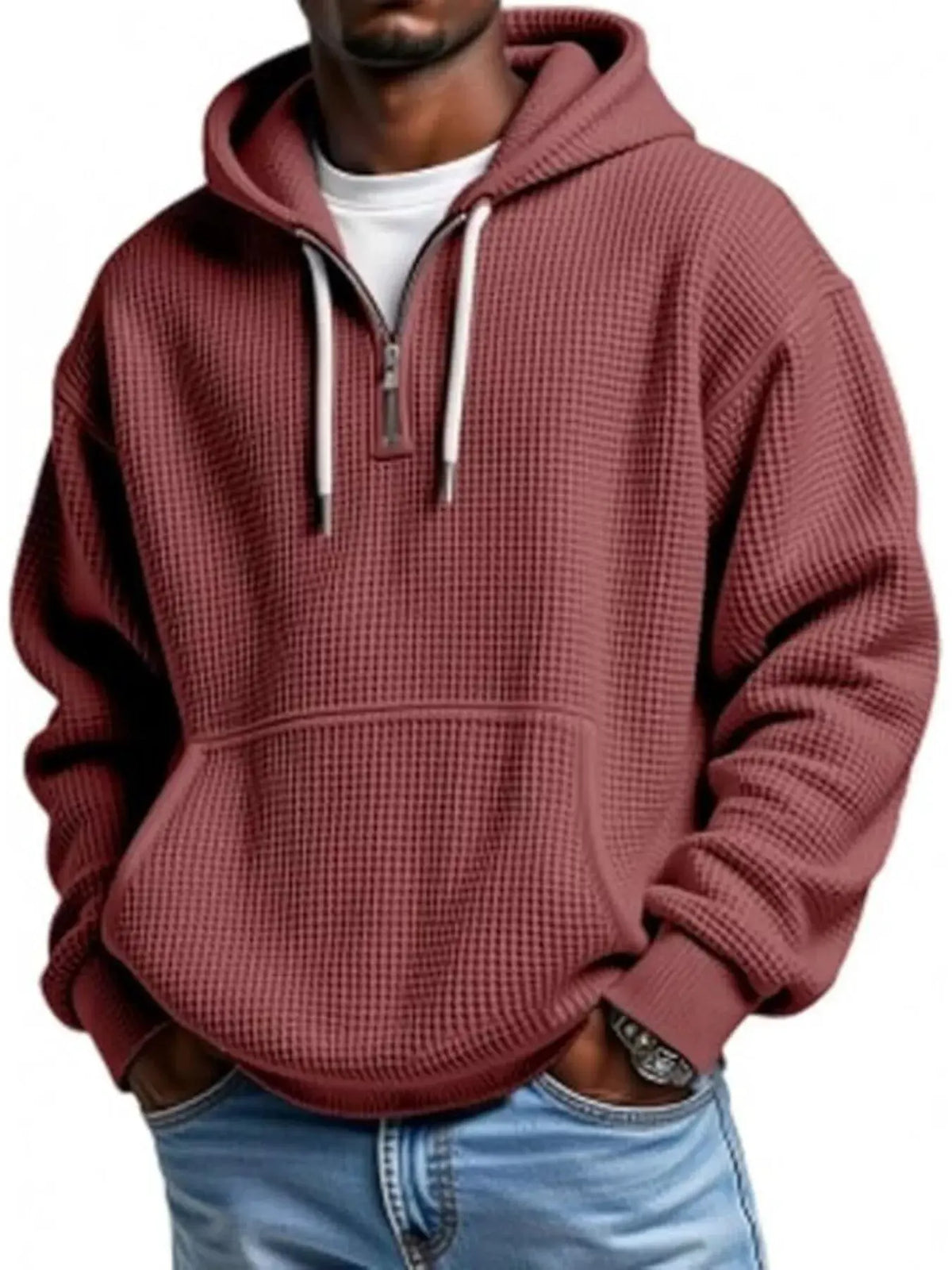 Men's Full Size Waffle Knit Quarter Zip Hoodie Plus Size by Trendsi