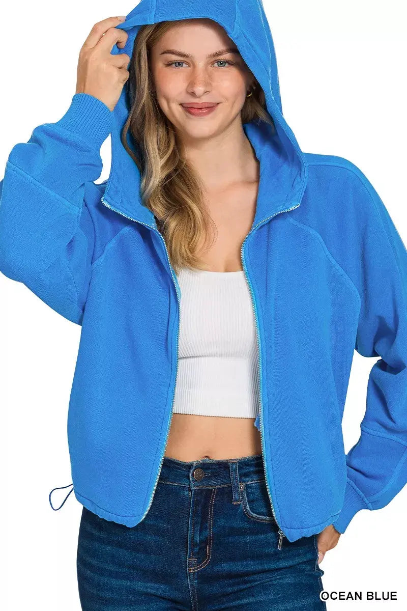 Zenana Fleece Pigment Dye Zip Up Hoodie with Pockets by Zenana