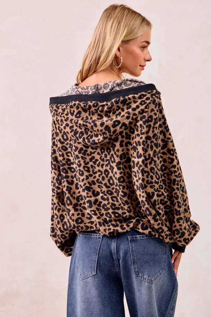 BiBi Leopard Print Waffle Half Zip Up Hoodie W Pocket by BiBi