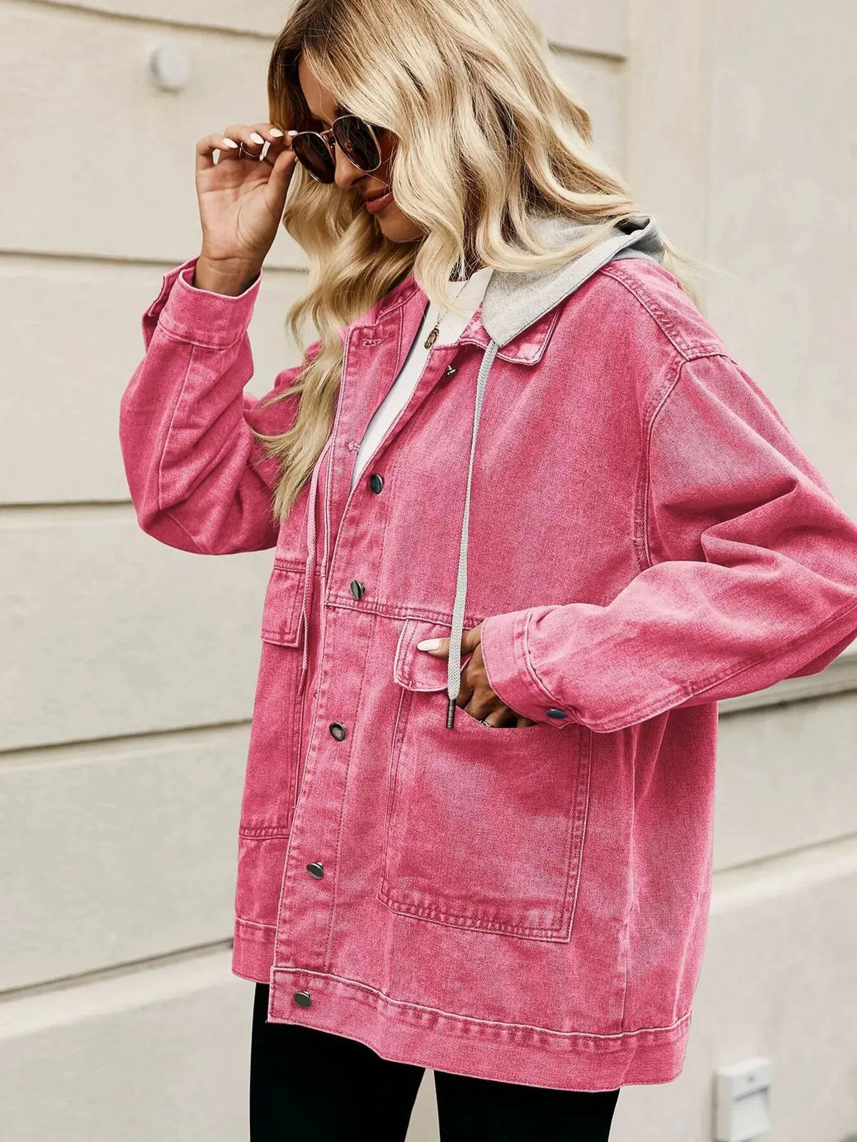 Oversized Button Up Denim Jacket with Hood by Partner Label