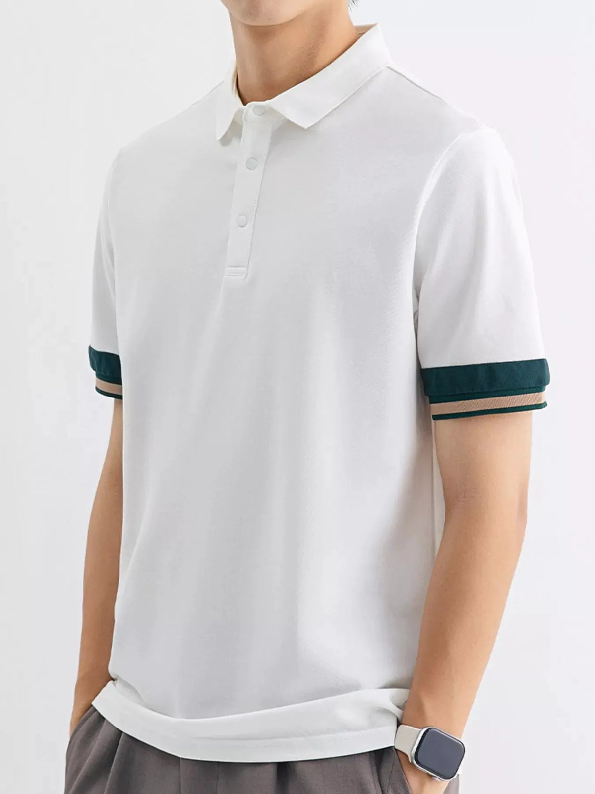 Men's Plus Size Button Detail Striped Cuff Polo by Trendsi