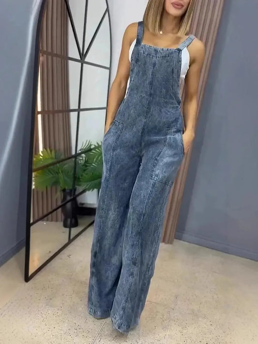 Full Size Wide Leg Washed Denim Overalls Plus Size by Partner Labels