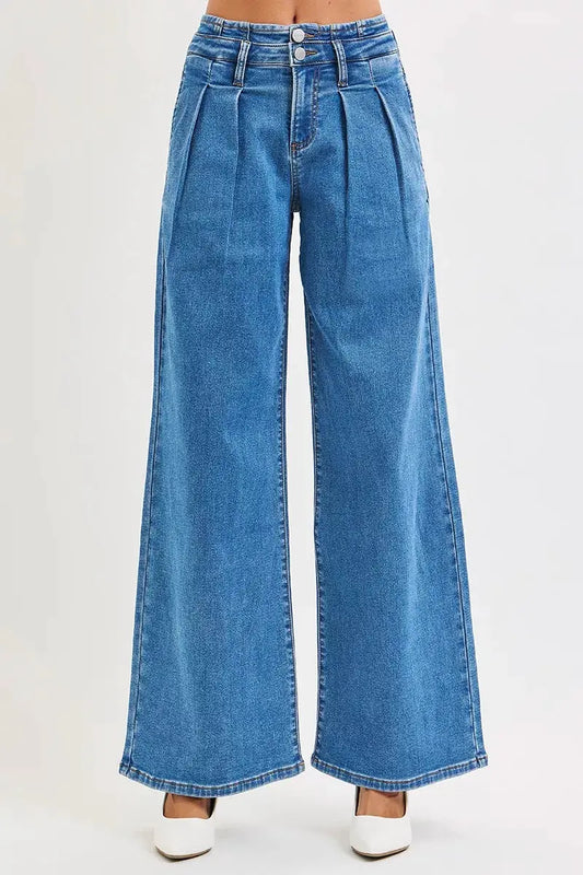 RISEN Full Size Mid Rise Fit Wide Leg with Pleated Detail Jeans Plus Size by RISEN