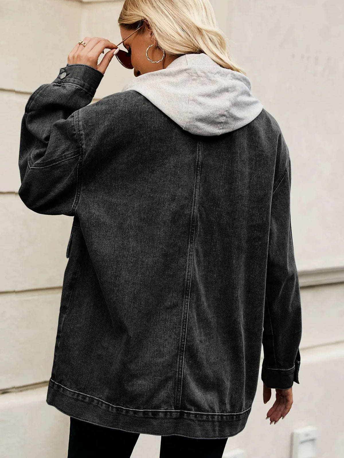 Oversized Button Up Denim Jacket with Hood by Partner Label
