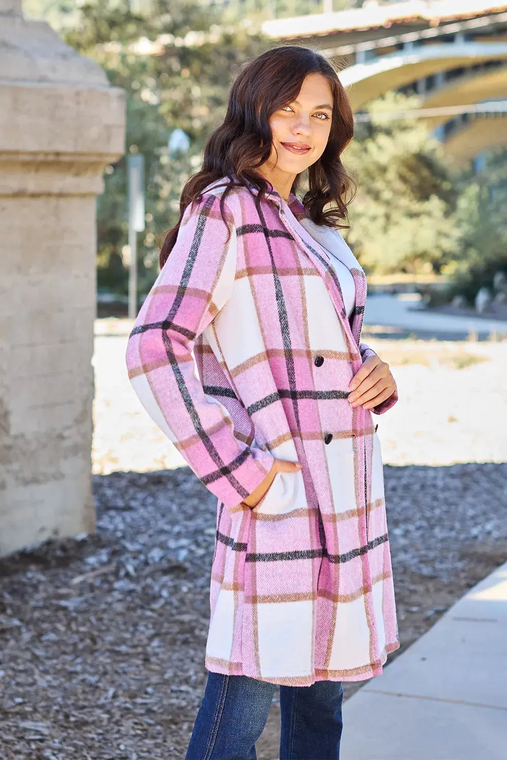 Double Take Full Size Plaid Button Up Lapel Collar Coat by Double Take