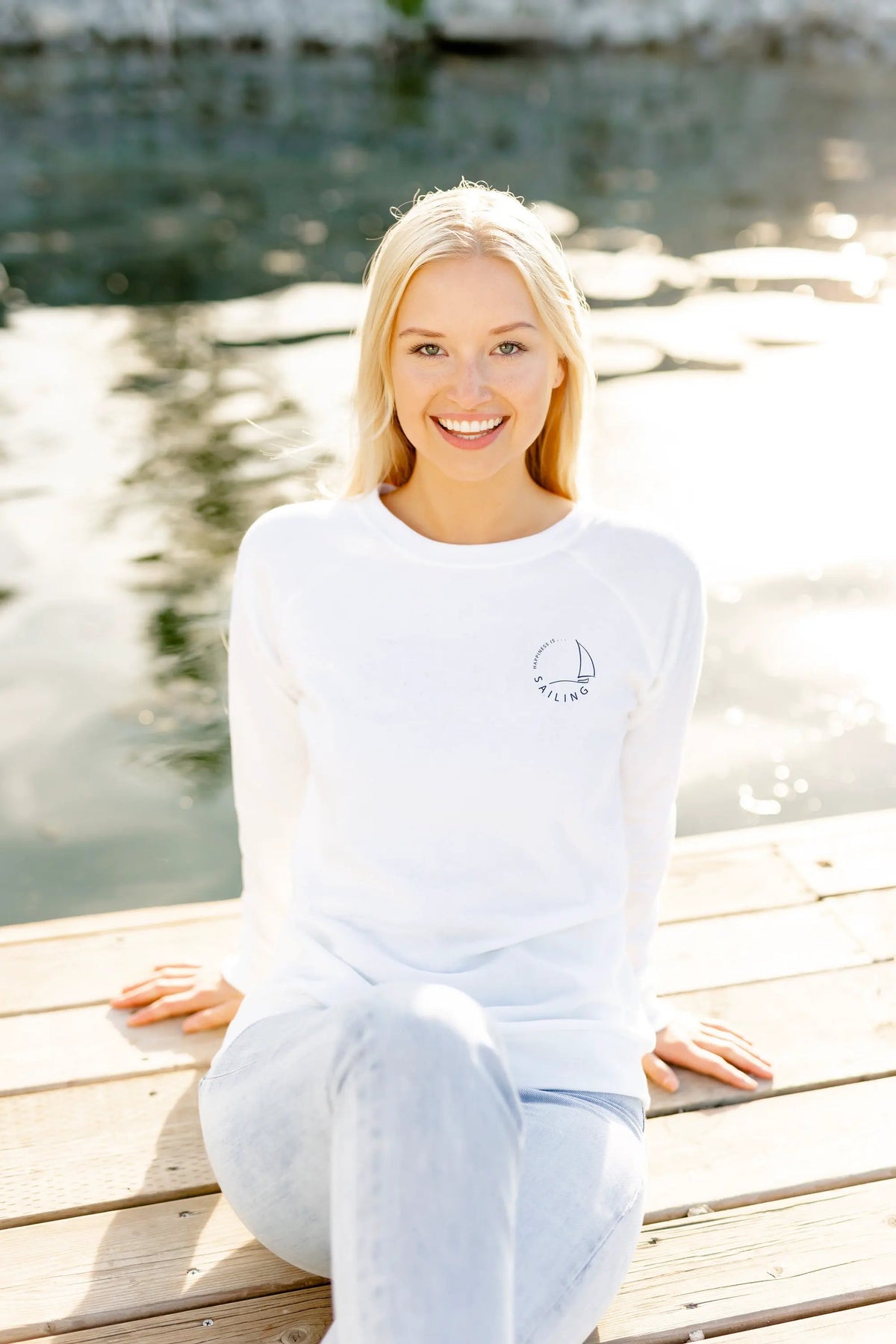 Women's Sailing Crew Sweatshirt Left Chest, White by Sailing Collection