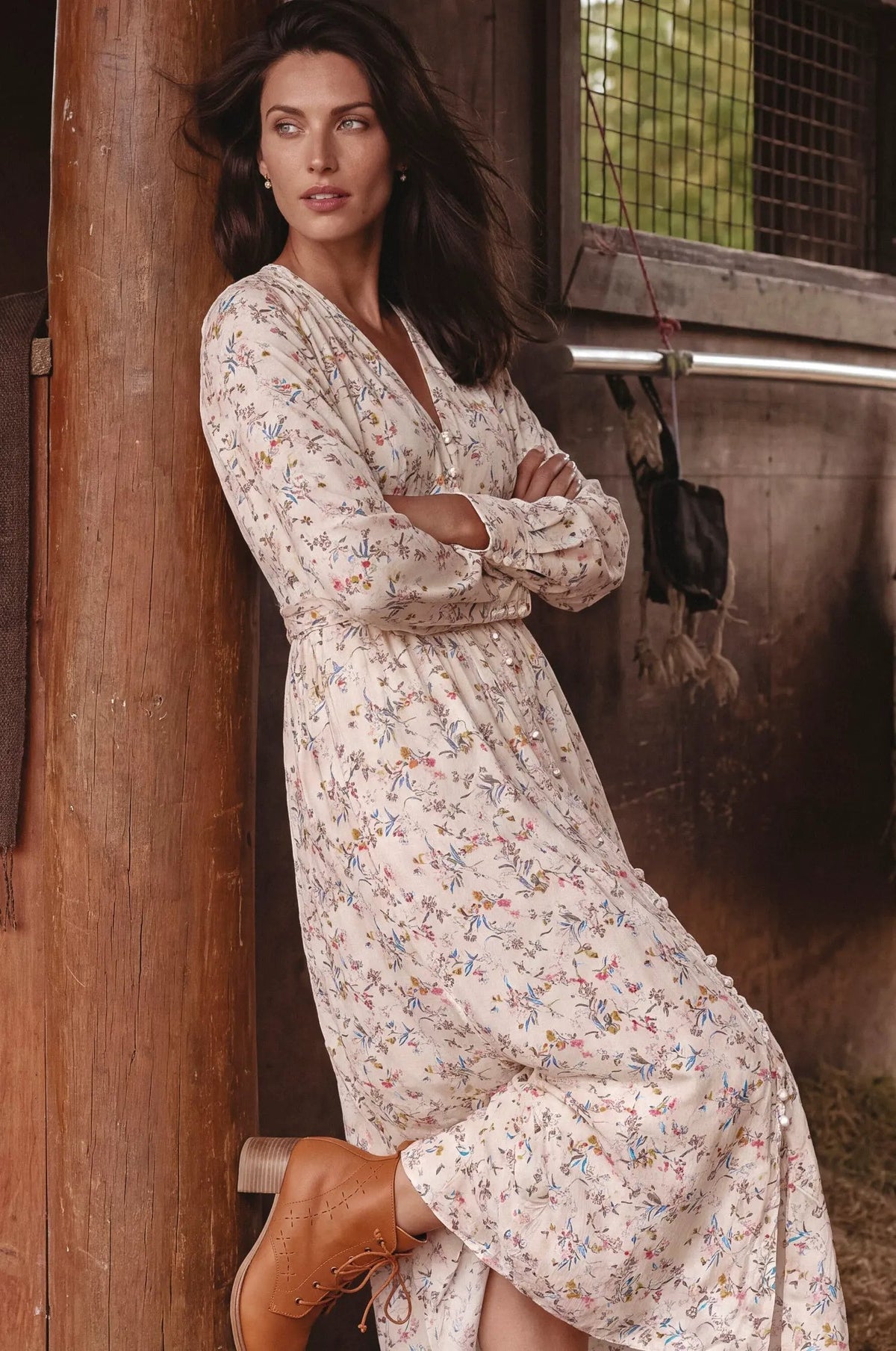 Lila Grace Long Sleeve Pearl Button Midi Dress by ELF