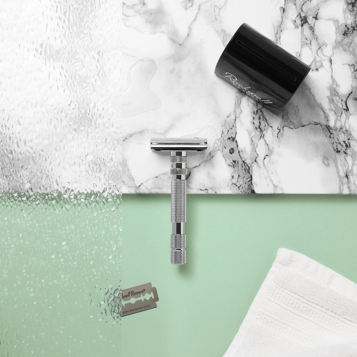 Rockwell T2 Adjustable Safety Razor - White Chrome (Twist-to-Open) by Rockwell
