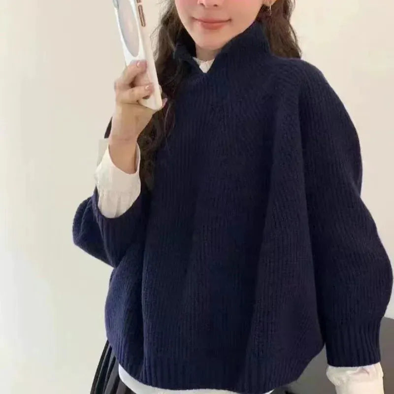 Half-open high-neck three-quarter sleeve cashmere sweater women loose cashmere sweater for autumn and winter thickened sweater by Vimost Shop