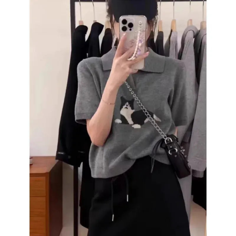 European vintage cat jacquard cashmere knitted short-sleeved women's lapel front-shoulder wool T-shirt, half-sleeved short top by Vimost Shop