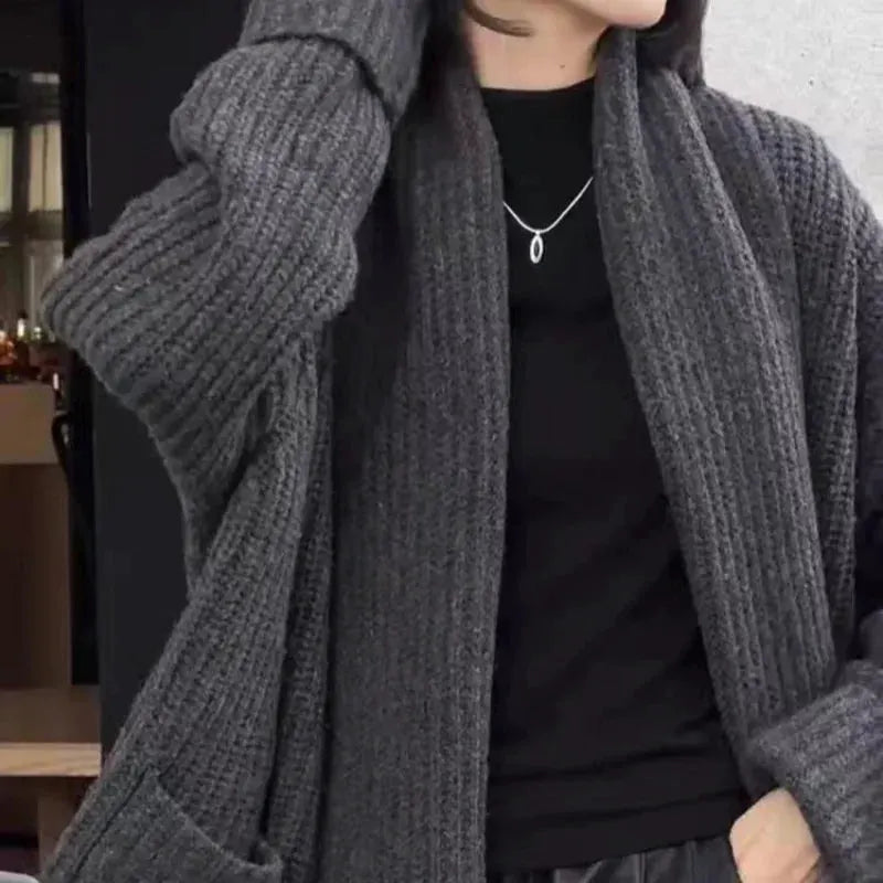 Autumn/Winter Thickened 100% Pure Wool Women's Turn-down Collar Knitted Cardigan Loose Sweater Coat Top Mid-long Length by Vimost Shop