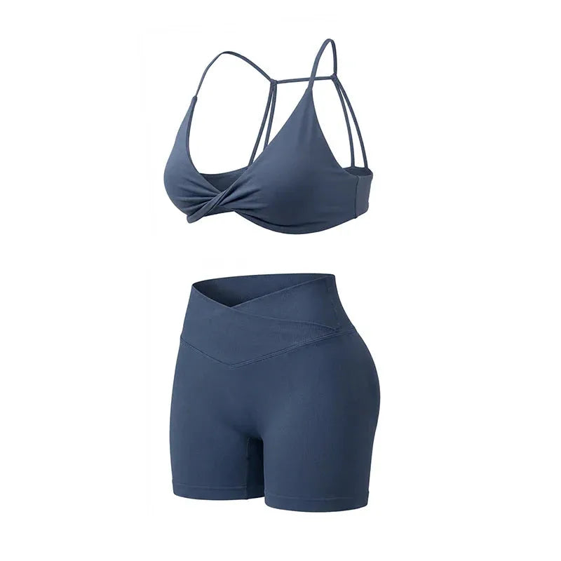 Women’s 2-Piece Gym Set – Strappy Twist Sports Bra & Cross Waist Ruched Shorts by Vimost Shop