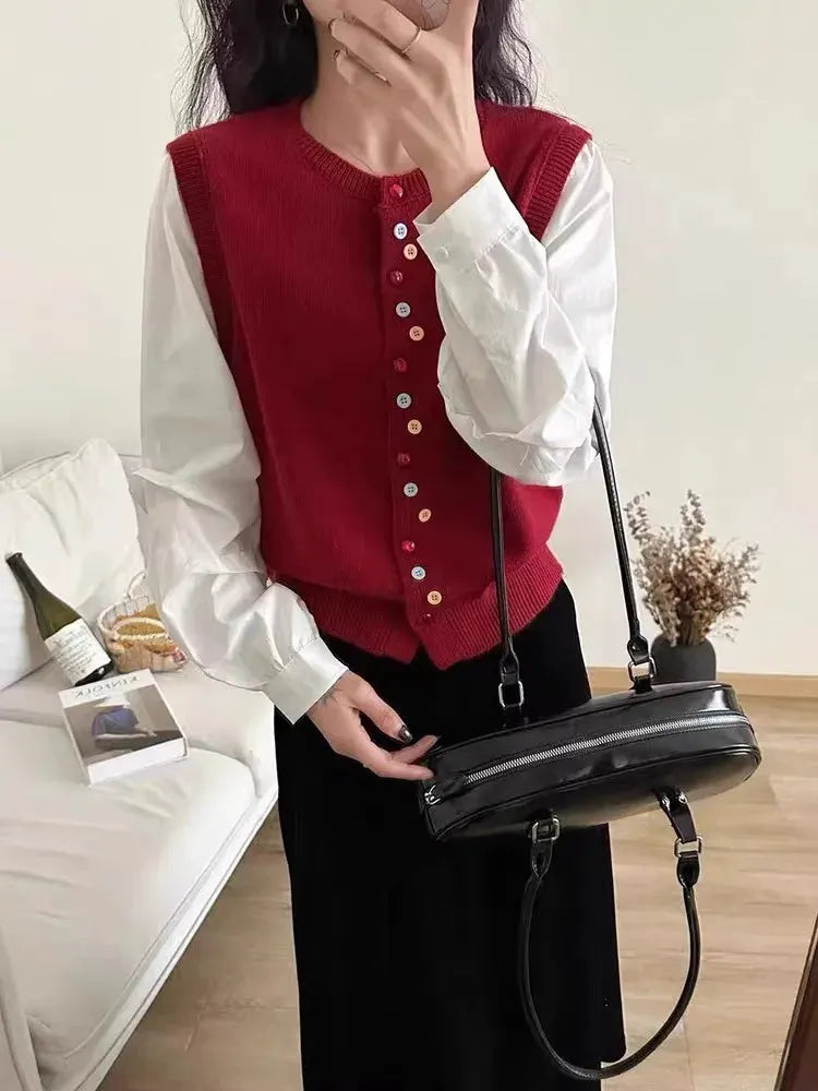 European goods color button cashmere knit vest cardigan women spring and autumn new round neck sleeveless sweater vest by Vimost Shop