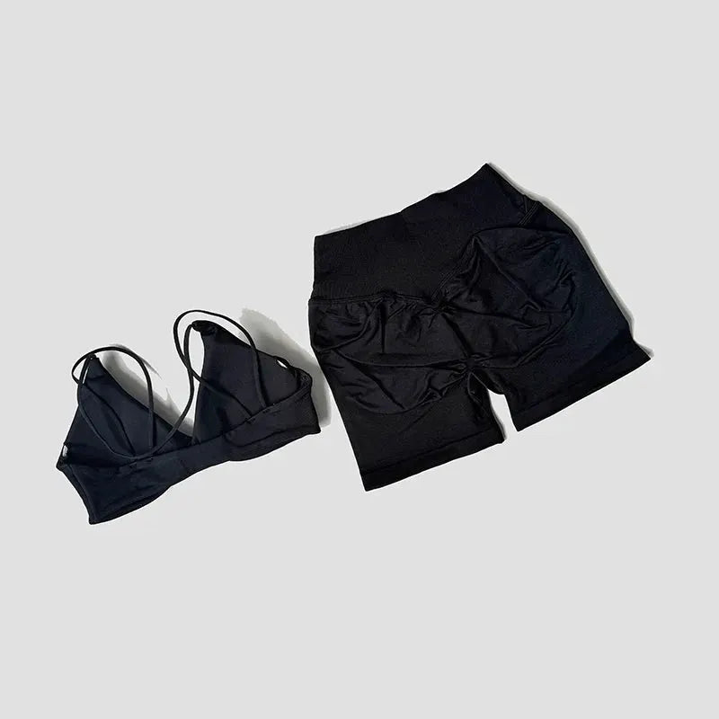 Women’s 2-Piece Gym Set – Strappy Twist Sports Bra & Cross Waist Ruched Shorts by Vimost Shop