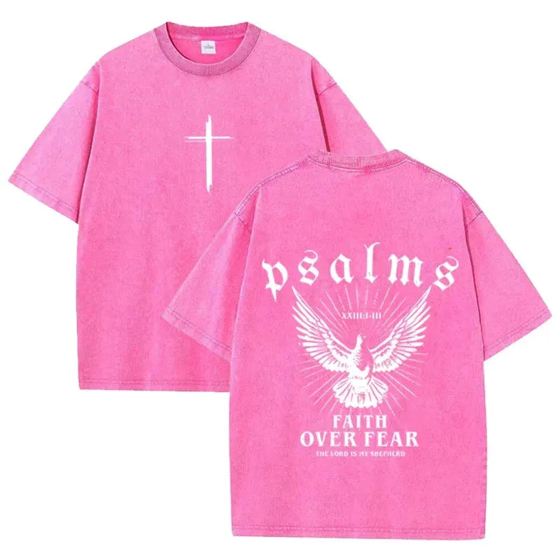 Retro Faith Over Fear T Shirt Psalms Dove Print Casual Washed Religious Streetwear by Vimost Shop