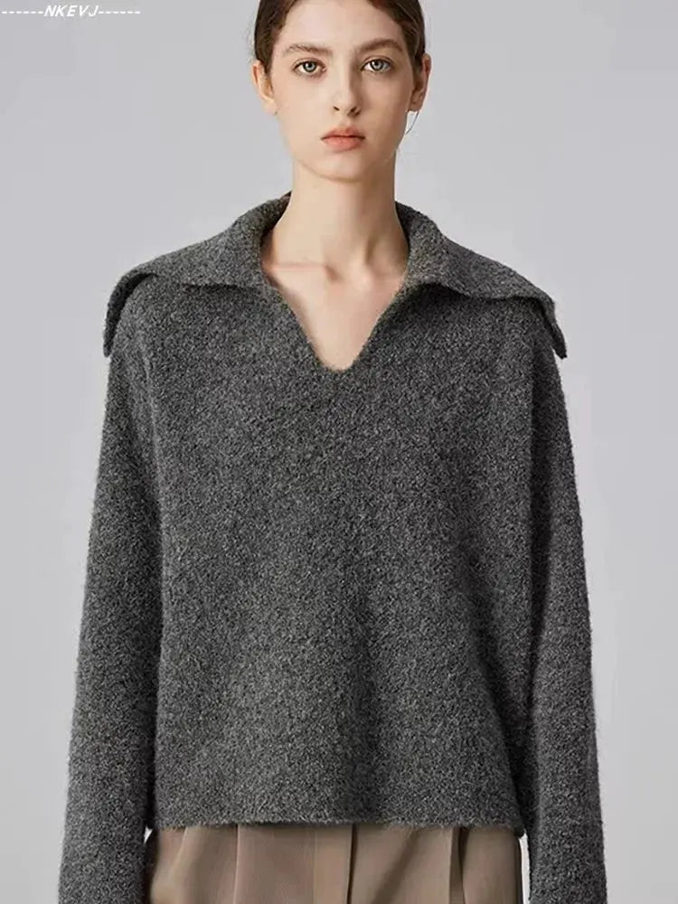 Autumn and winter new 100 cashmere sweater women's retro loose knit sweater V-neck long sleeve woolen base shirt by Vimost Shop