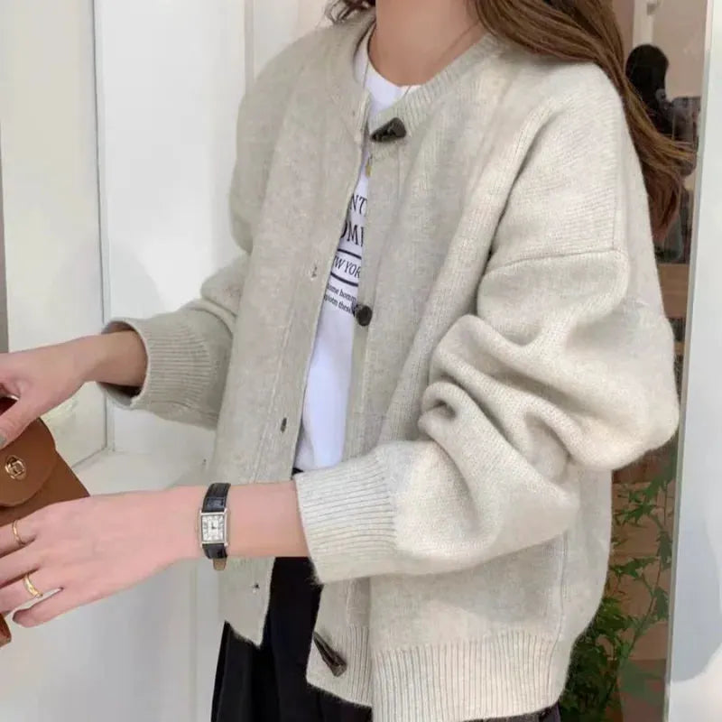 Versatile Crew Neck Autumn and Winter Sweater Wool Coat 100% Pure Cashmere Knitted Cardigan for Women Top by Vimost Shop
