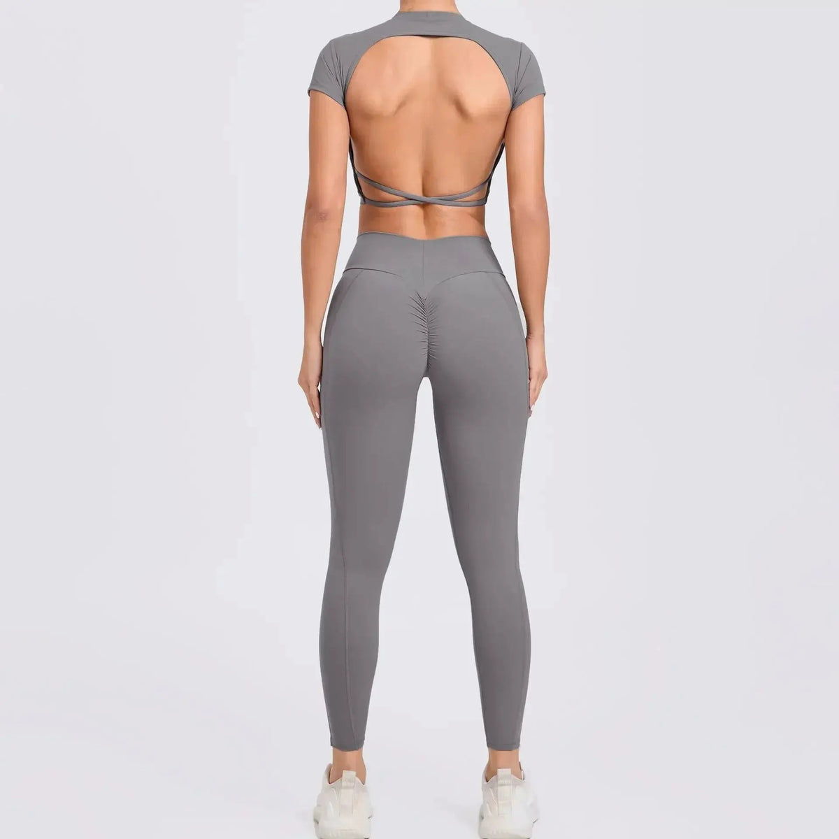 Cross Backless Sporty Set Women 2 Piece Sportswear Short Sleeve Training Suit for Fitness Yoga Wear Female Gym Workout Clothes by MAIDEN-ART