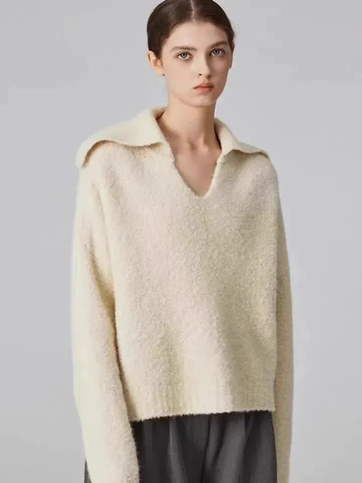 Autumn and winter new 100 cashmere sweater women's retro loose knit sweater V-neck long sleeve woolen base shirt by Vimost Shop