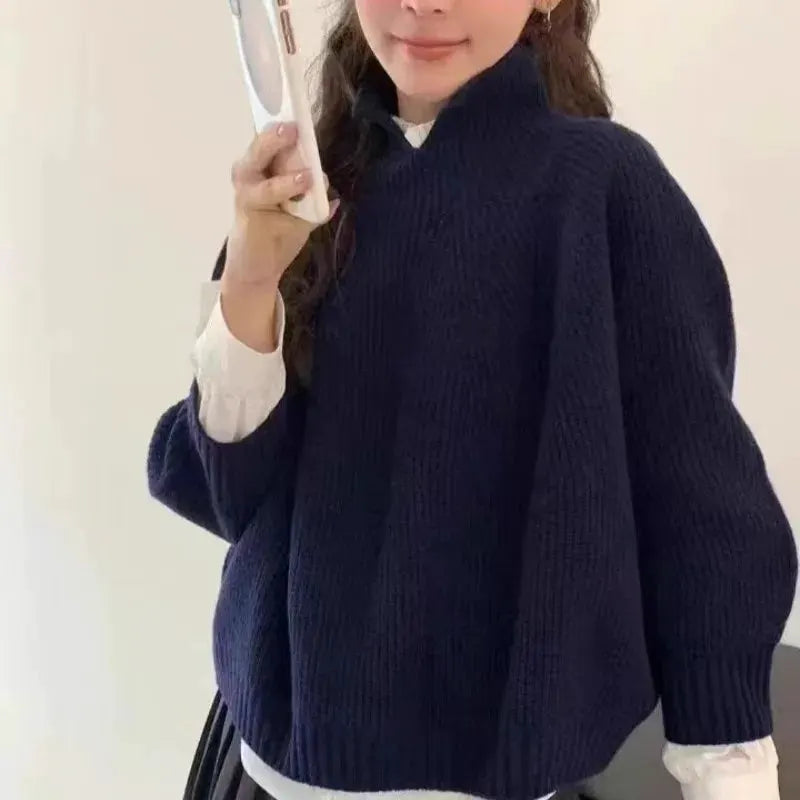 Half-open high-neck three-quarter sleeve cashmere sweater women loose cashmere sweater for autumn and winter thickened sweater by Vimost Shop