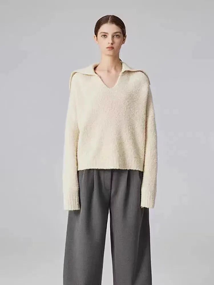 Autumn and winter new 100 cashmere sweater women's retro loose knit sweater V-neck long sleeve woolen base shirt by Vimost Shop