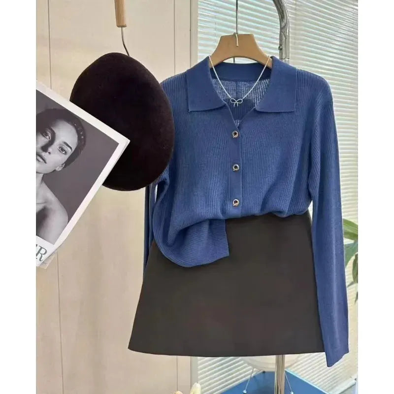 POLO lapel cashmere knit cardigan women's spring and autumn thin loose sweater short wool coat by Vimost Shop