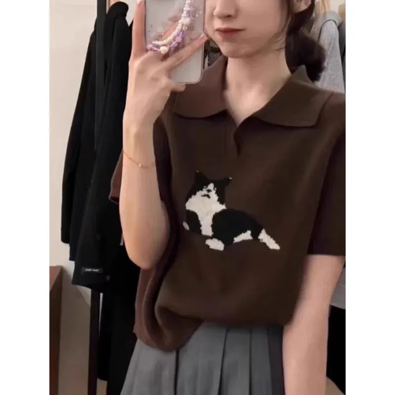European vintage cat jacquard cashmere knitted short-sleeved women's lapel front-shoulder wool T-shirt, half-sleeved short top by Vimost Shop