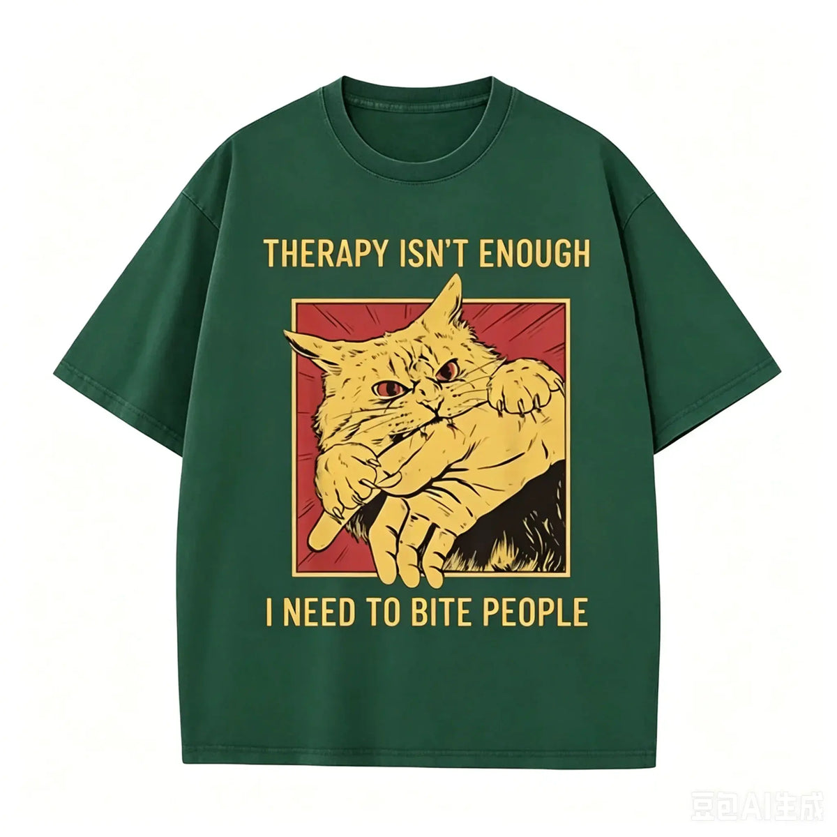 Funny Cat Bite Hand "Therapy Isn't Enough" Print Vintage Washed Black T Shirt by Vimost Shop