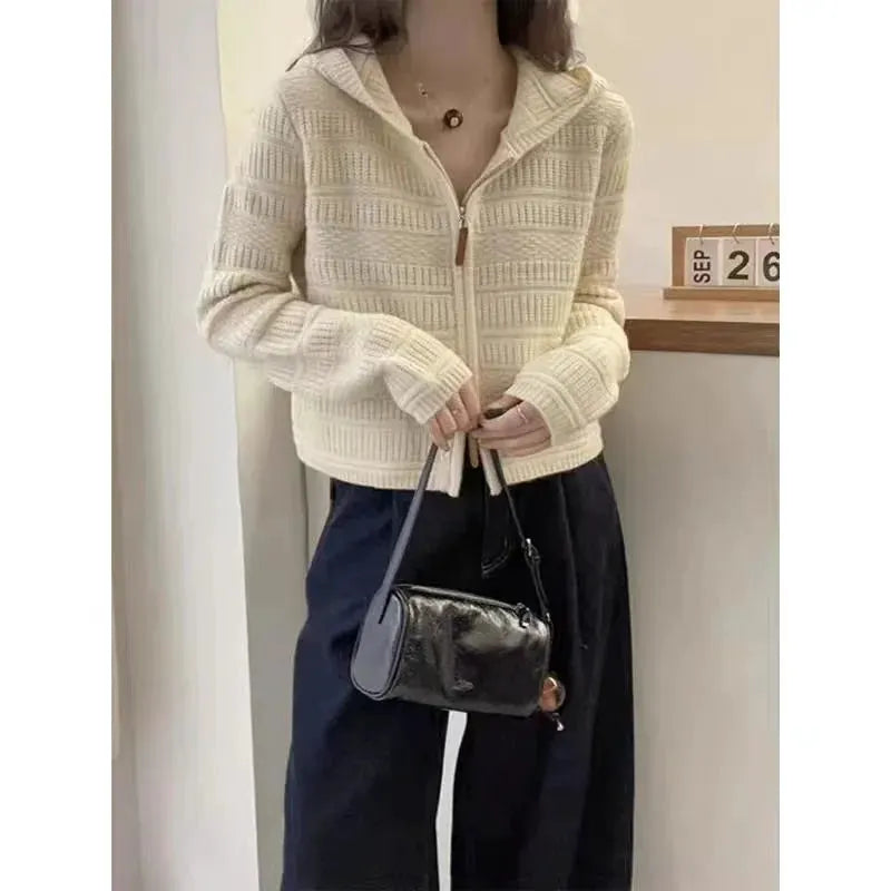 Autumn and Winter Thickened 100% Pure Wool Women's Hooded Knit Cardigan Loose Sweater Coat with Double Zippers Short Style by Vimost Shop