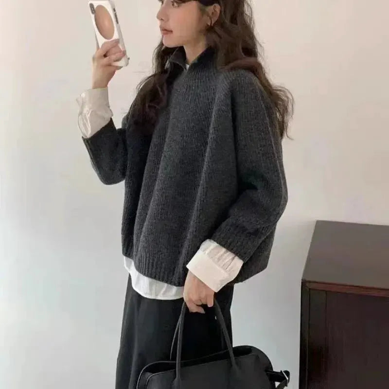 Half-open high-neck three-quarter sleeve cashmere sweater women loose cashmere sweater for autumn and winter thickened sweater by Vimost Shop