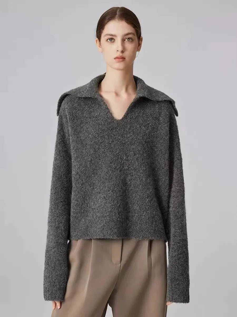 Autumn and winter new 100 cashmere sweater women's retro loose knit sweater V-neck long sleeve woolen base shirt by Vimost Shop