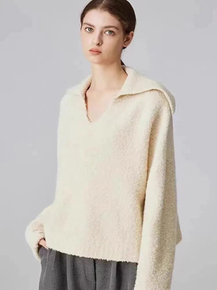 Autumn and winter new 100 cashmere sweater women's retro loose knit sweater V-neck long sleeve woolen base shirt by Vimost Shop