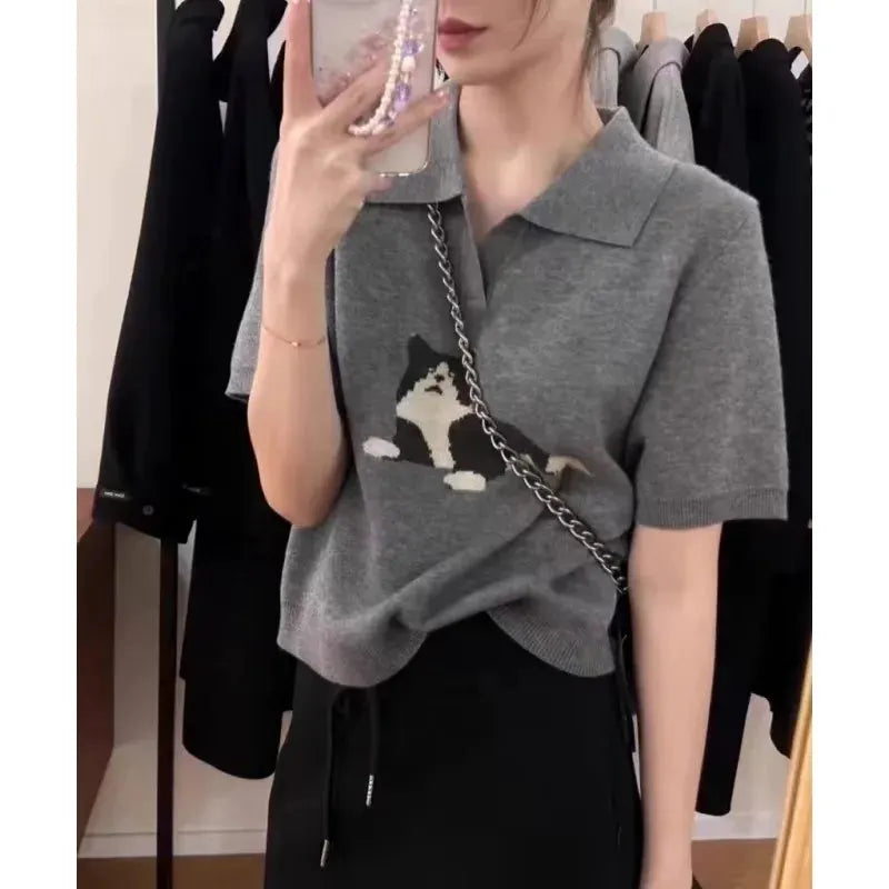 European vintage cat jacquard cashmere knitted short-sleeved women's lapel front-shoulder wool T-shirt, half-sleeved short top by Vimost Shop