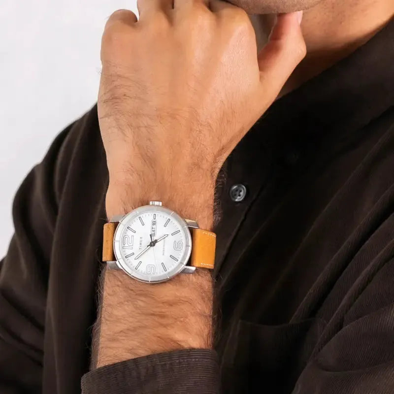 Timex Men's Tan Leather Watch, White Dial | Tw2r64100 by TIMEX