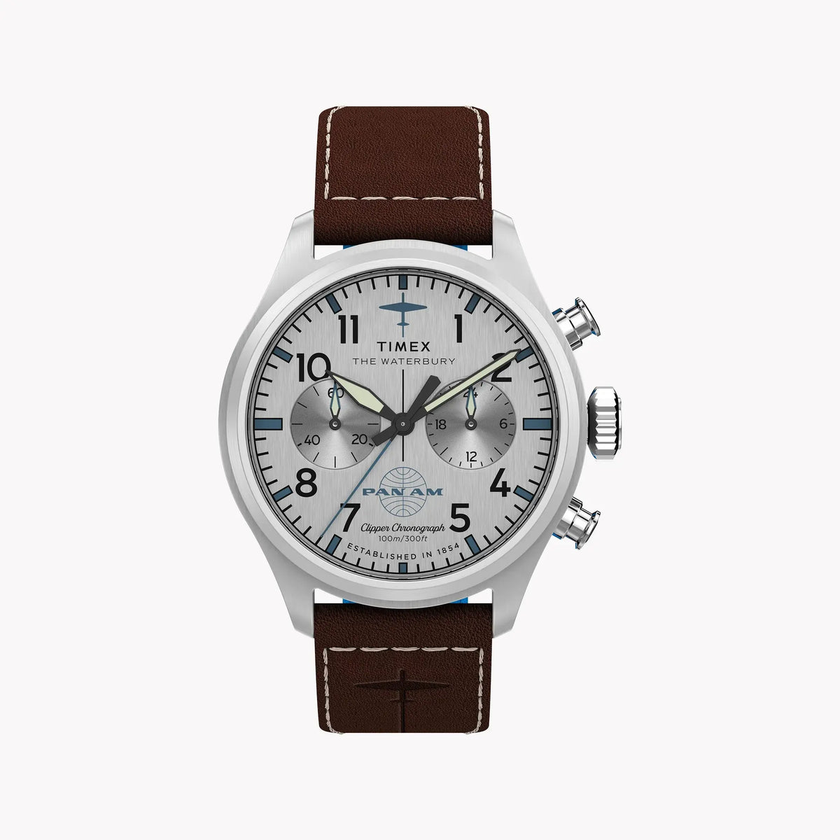 Waterbury ACE Pan Am S.E. Chrono SST Silver Dial Brown Leather Strap | TW2Y38700 by TIMEX