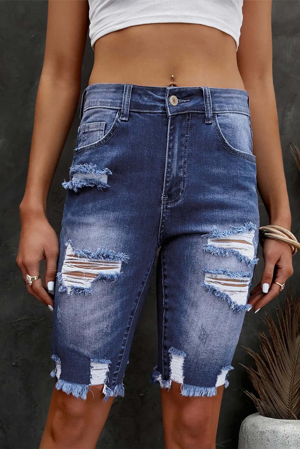 Distressed Frayed Hem Denim Bermuda Shorts by Partner Label