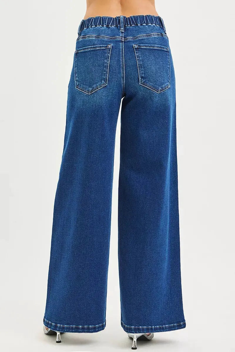 RISEN Full Size Mid Rise Wide Side Pintuck Jeans with Front Drawstring Plus Size by RISEN