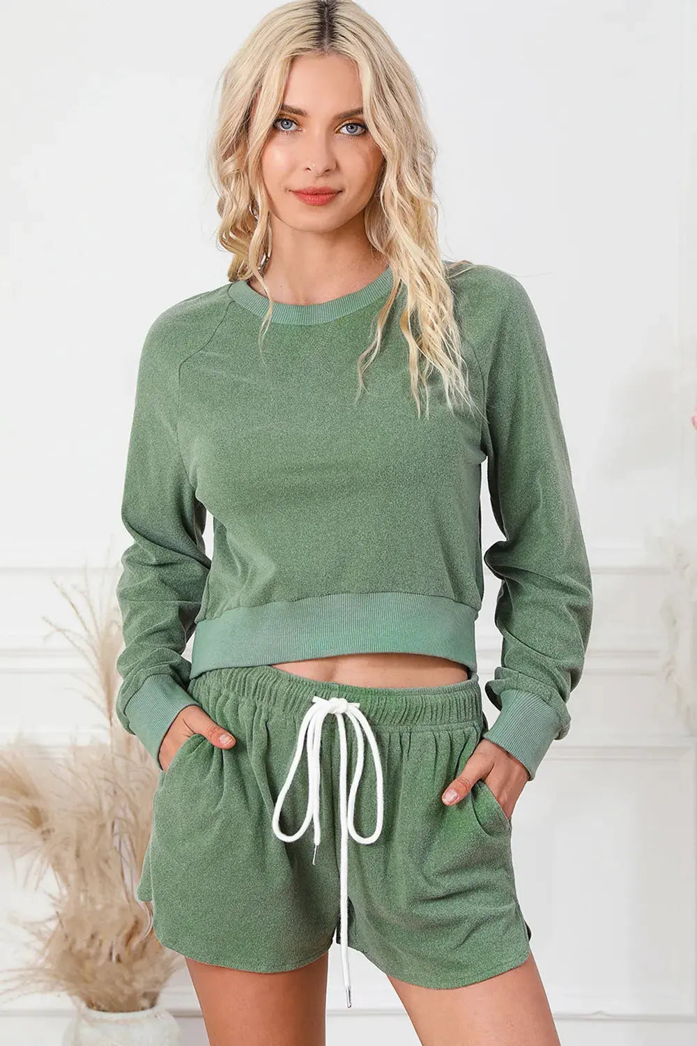 Round Neck Long Sleeve Top and Drawstring Shorts Lounge Set by Partner Label