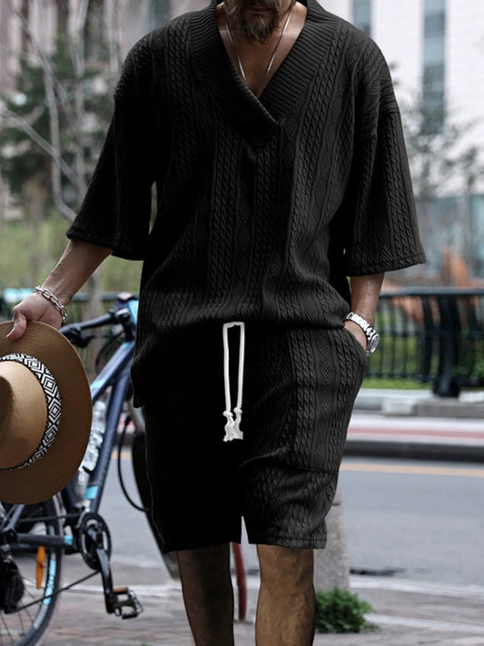 Men's Full Size Casual Knit V-Neck Short Sleeve Top and Shorts Set Plus Size by Trendsi
