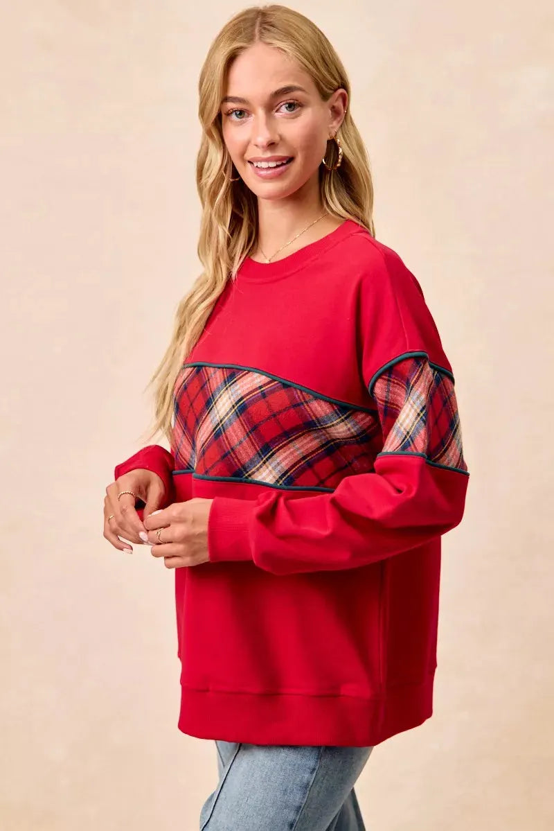 BiBi Christmas Theme Plaid Block Sweatshirt with Binding by BiBi