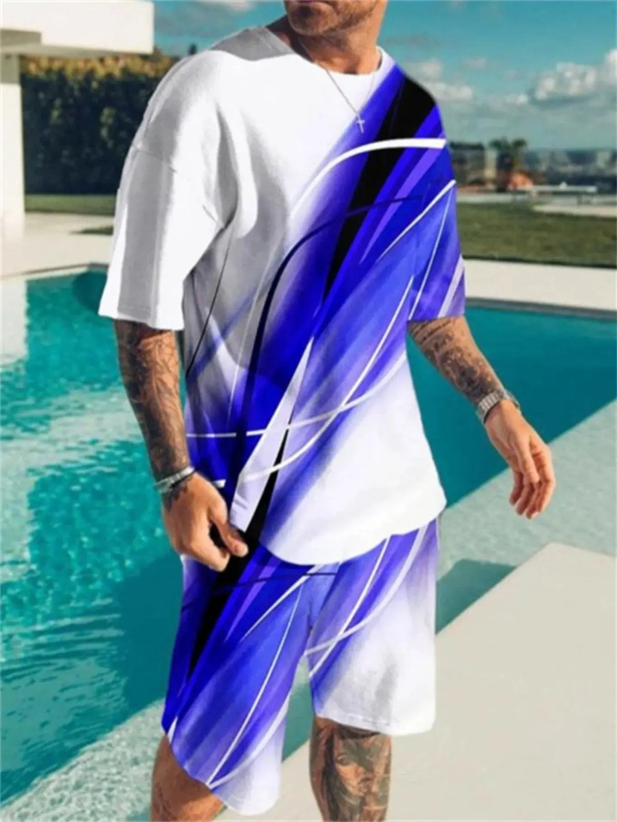 Men's Full Size Contrast Short Sleeve Top and Shorts Set Plus Size by Trendsi