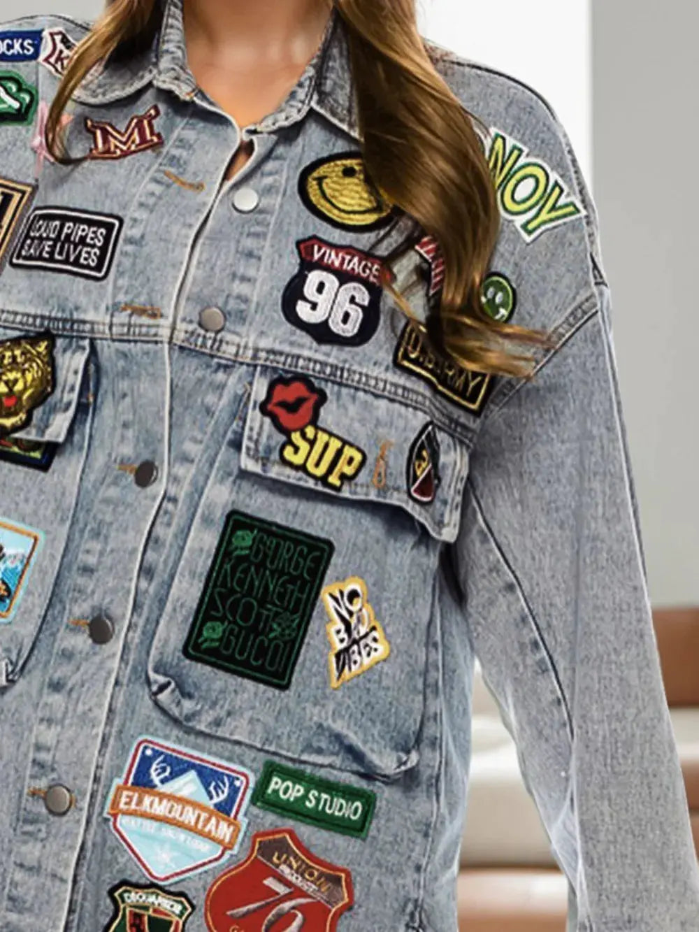 Embroidered Patch Button Up Long Sleeve Denim Jacket by Partner Label
