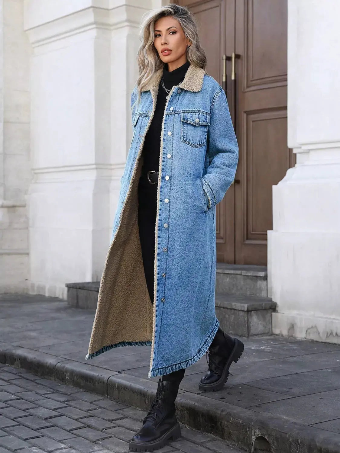 Sherpa Lined Longline Denim Jacket by Partner Label