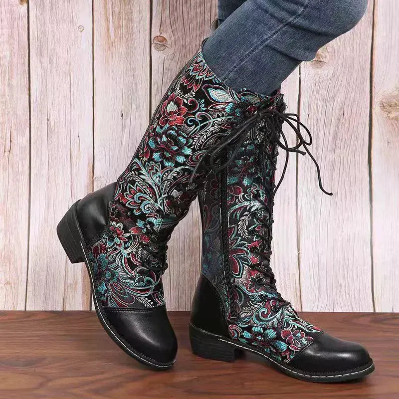 Embroidered Lace-Up Block Heel Boots by Partner Label