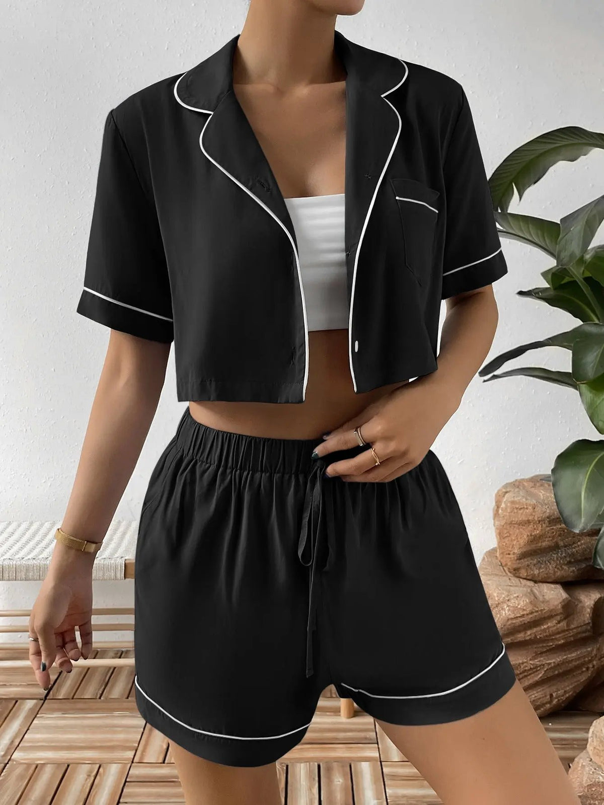 Ivy Lane Contrast Lapel Collar Cropped Shirt and Shorts Lounge Set by Ivy Lane