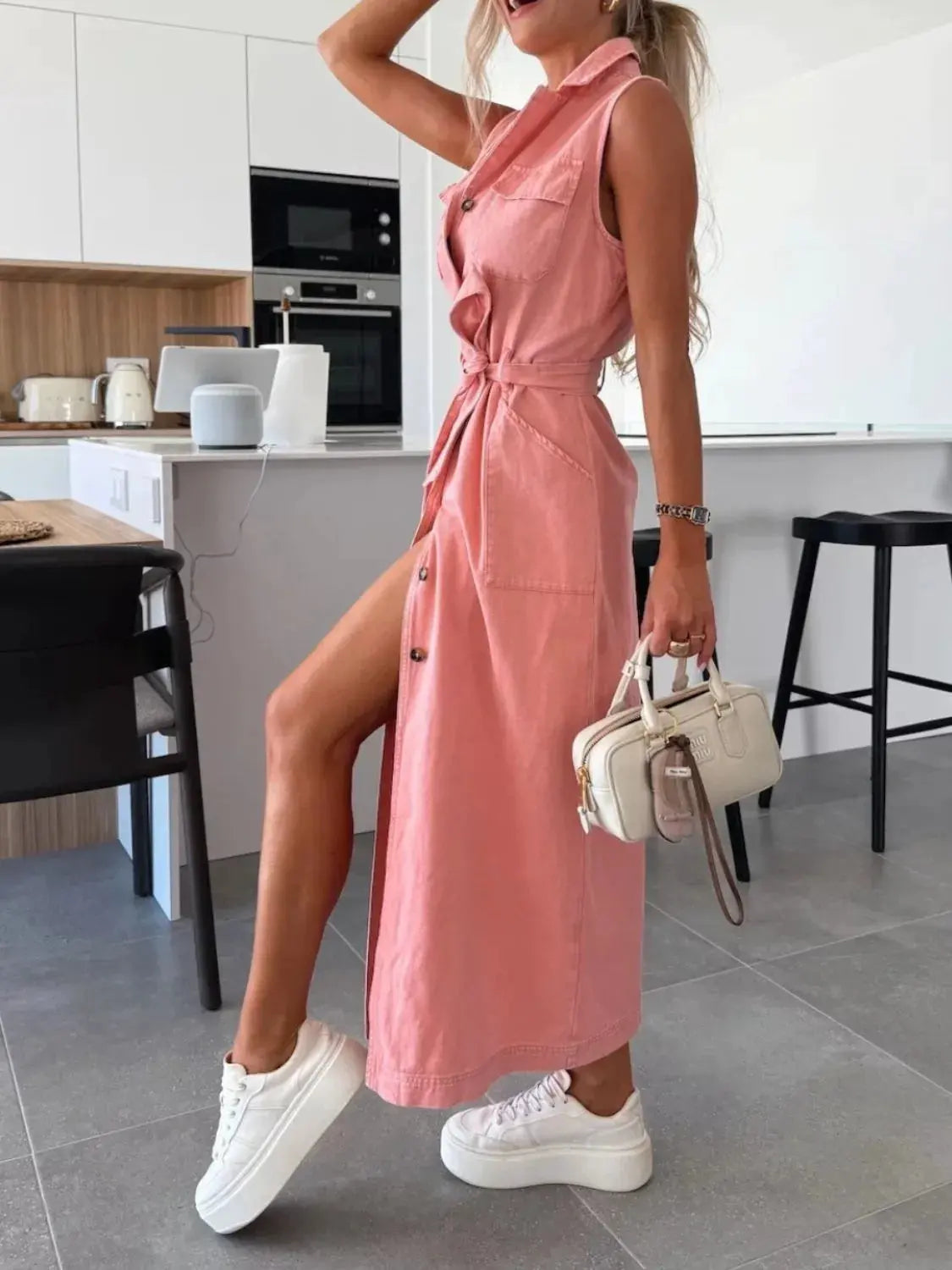 Button Front Sleeveless Denim Dress by Partner Label