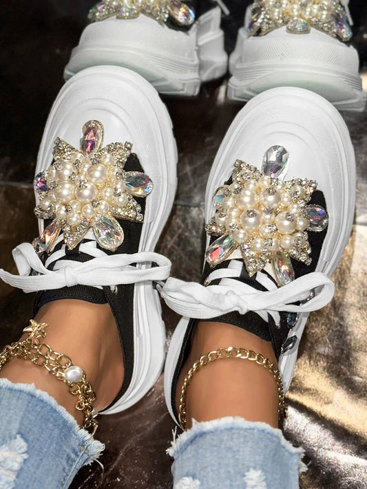 Pearl Embellished Platform Slip-Ons by Partner Label