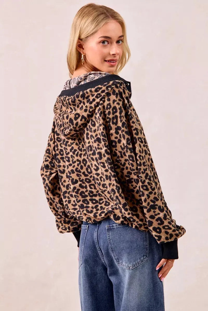 BiBi Leopard Print Waffle Half Zip Up Hoodie W Pocket by BiBi