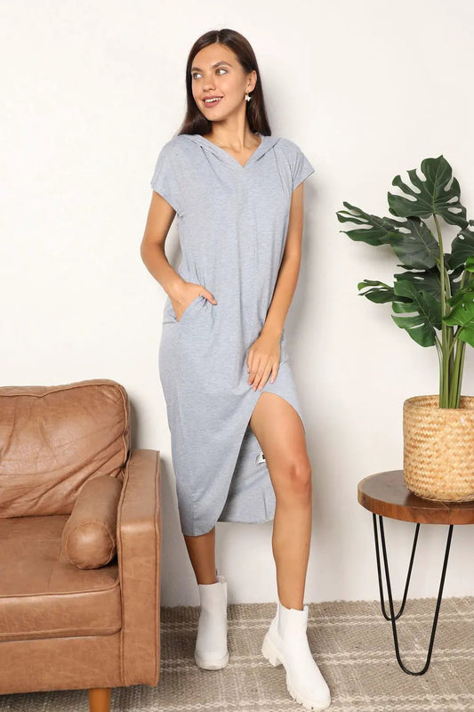 Perfee Short Sleeve Front Slit Hooded Dress by Partner Label